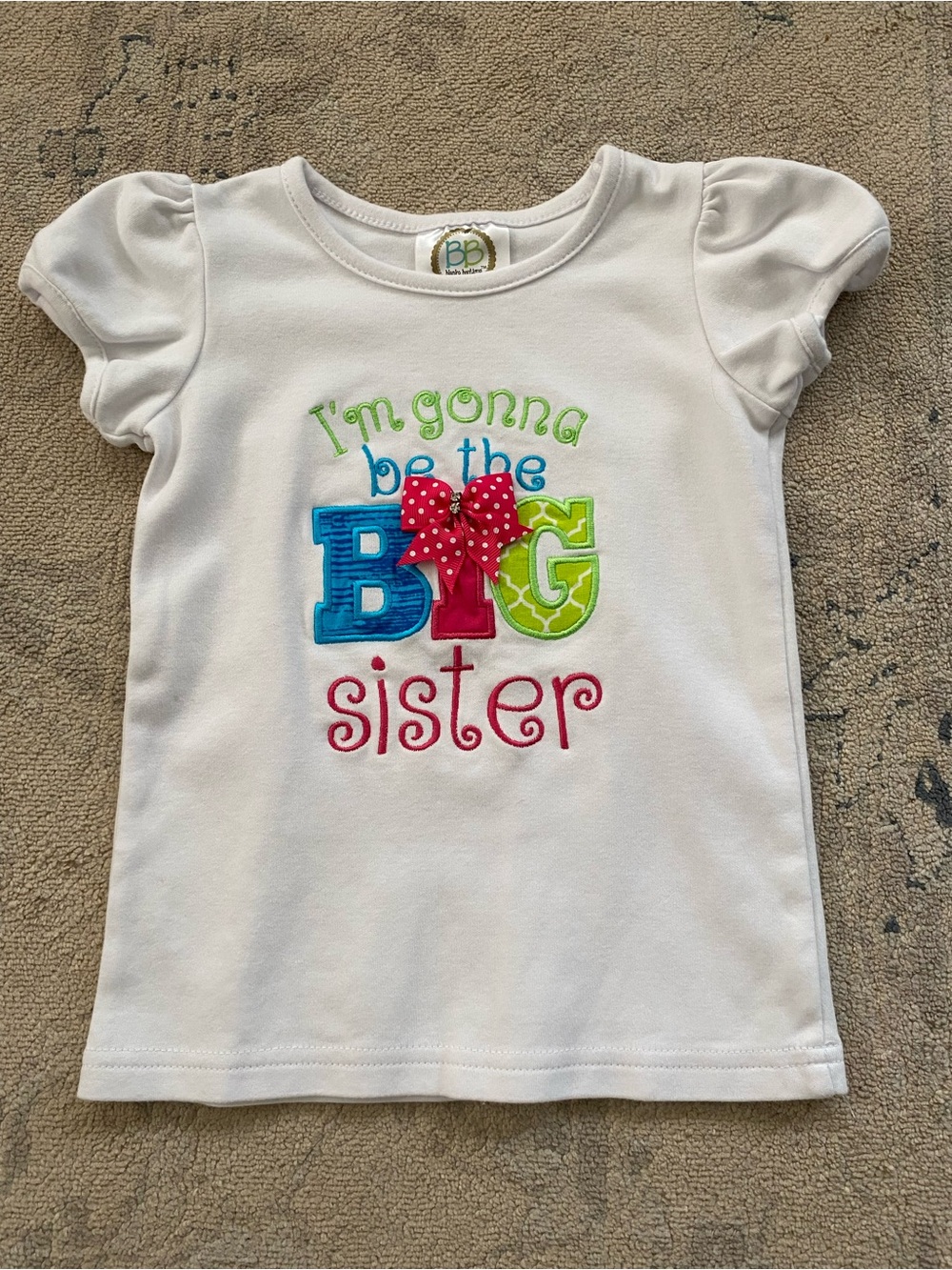 Big Sister Baby Announcement T-shirt 3T Cute Bright Cap Puff Sleeve 100% Cotton